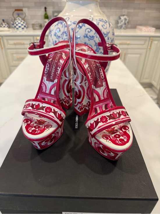 Dolce & Gabbana Shoes - Dolce & Gabbana Pink and White Baroque Platform Sandals